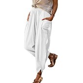 preiswerte Schlichte Hose aus Baumwollleinen-Damenhose aus Baumwollleinen mit Seitentaschen, weites Bein, locker lässig, Sommer, Herbst, Weiß, Hellblau, S, 2XL