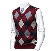 baratos colete de camisolas masculinas-Homens Suéter Colete de moletom Suéteres sociais masculinos Pulôver Estriado Tricotar Tricotado Xadrez Decote V à moda Casual Roupa Diária Férias Roupa Primavera &amp; Outono Camelo Vinho M L XL
