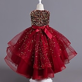 abordables Robes à Fleurs pour Filles-Robe de Demoiselle d&#039;Honneur Fille Fille Robe Robe de fête Utilisation Mariage Soirée Elégant Princesse Paillettes Maille Paillette Sans Manches Col Ras du Cou Blanche Rouge 3-13 ans