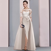 cheap Floor Length-A-Line Mother of the Bride Dress Wedding Guest Elegant Scoop Neck Floor Length Satin Lace Half Sleeve with Bow(s) Appliques Split Front free custom size