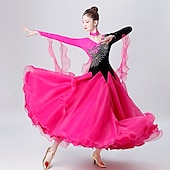 cheap Competition Wear-Ballroom Dance Dress Embroidery Splicing Crystals / Rhinestones Women&#039;s Performance Training Long Sleeve Spandex Organza