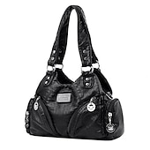 cheap Handbag &amp; Totes-Women&#039;s Red Faux Leather Shoulder Handbag with Zipper Pockets and Metal Accents – Stylish Everyday Tote for Casual and Work Outfits