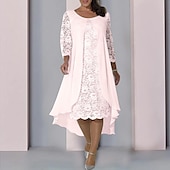 cheap Tea Length-Beach Wedding A-Line Mother of the Bride Dress Wedding Guest Elegant Scoop Neck Knee Length Chiffon Lace 3/4 Length Sleeve with Appliques 2025 free custom size