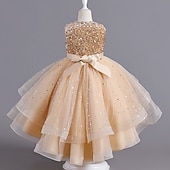 abordables Robes à Fleurs pour Filles-Robe de Demoiselle d&#039;Honneur Fille Fille Robe Robe de fête Utilisation Mariage Soirée Elégant Princesse Paillettes Maille Paillette Sans Manches Col Ras du Cou Blanche Rouge 3-13 ans