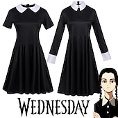 olcso Klasszikus horror-felnőttek szerdai addams ruha Addams családi női gót gótikus flare ruha film cosplay jelmez buli kis fekete ruha maszlag szerdával addams paróka aranyos természetes puha haj paróka sapka fonatok