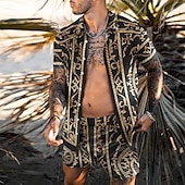 billiga Set med tryckta skjortor för män-Herr 3D-utskrift 2st Skjortor Set Hawaii skjorta Kortärmad Korta byxor Nedvikt Mode Hawaiisk Designer Utomhus Semester Strand 3D-utskrift Button-Down Sommar Vår Svart Blå Purpur