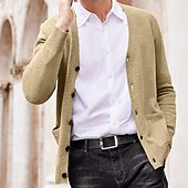 billiga cardigan tröja för män-Herr Tröja Cardigan Tröja Ribbad Sticka Stickat Slät V-hals Mode Ledigt Sport Dagliga kläder Kläder Vår &amp; Höst Vinrött Svart M L XL