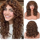 economico Parrucche di altissima qualità-parrucca riccia con frangia per le donne-lonai lunghe parrucche crespi color cioccolato da 23 pollici con frangia sottile ricci splendida parrucca sintetica shag per uso quotidiano party cosplay