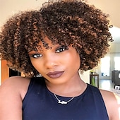 baratos Perucas de Qualidade Superior-Peruca afro encaracolada curta com franja perucas encaracoladas afro kinky para mulheres negras sem cola peruca cheia sintética resistente ao calor perucas de substituição encaracoladas macias