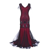 baratos Vestidos dos anos 1920-Conjunto Loucos anos 20 Anos 20 Até o Tornozelo Vestidos Vestido de Festa Roupa com acessórios Mangas curtas O Grande Gatsby Tamanhos Grandes Convidado do casamento Franjas Franjas Decote V Fantasia