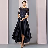 abordables Longueur du thé-Robe mère de la mariée en A invité de mariage élégante haut-bas col arrondi asymétrique longueur thé satin dentelle manches courtes avec nœud(s) plis appliqués 2025 taille personnalisée gratuite