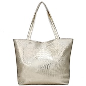 baratos Malas com Alça-bolsa tote feminina prateada com relevo de crocodilo | bolsa de ombro de couro sintético de grande capacidade para uso diário e no escritório – elegante e versátil