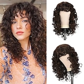 economico Parrucche di altissima qualità-parrucca riccia con frangia per le donne-lonai lunghe parrucche crespi color cioccolato da 23 pollici con frangia sottile ricci splendida parrucca sintetica shag per uso quotidiano party cosplay