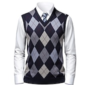 baratos colete de camisolas masculinas-Homens Suéter Colete de moletom Suéteres sociais masculinos Pulôver Estriado Tricotar Tricotado Xadrez Decote V à moda Casual Roupa Diária Férias Roupa Primavera &amp; Outono Camelo Vinho M L XL