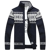 cheap Men's Cardigan Sweater-Men's Sweater Cardigan Sweater Zip Sweater Ribbed Knit Print Knitted Color Block Standing Collar Stylish Warm Ups Work Going out Clothing Apparel Winter Green Dark Blue M L XL