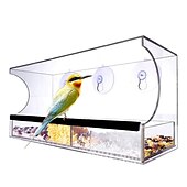 お買い得  裏庭での野鳥観察と野生生物-強力な吸盤付きの窓用鳥の餌箱 - 30x10x13 cmの外側の窓用の屋根と排水穴を備えた透明なアクリル製の鳥の餌箱