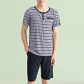 baratos Pijamas-Homens Loungewear Conjunto de Pijama Top e shorts de pijama 1conjunto Listra à moda Casual Casa Diário De Cama Algodão Respirável Macio Gola Redonda Manga Curta Camiseta Calção Cintura elástica