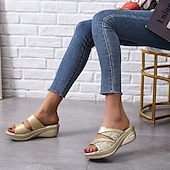 abordables Sandales Décontractées-sandales compensées à paillettes pour femmes - chaussures à plateforme dorées à enfiler avec semelle confortable pour une tenue décontractée et de fête