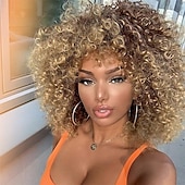 economico Parrucche trendy sintetiche-parrucche afro ricci biondi per donne nere parrucche afro bionde ombre anni &#039;70 per donne parrucche ricci crespi anni &#039;70 biondo mixd marrone