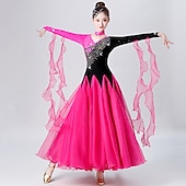 cheap Competition Wear-Ballroom Dance Dress Embroidery Splicing Crystals / Rhinestones Women&#039;s Performance Training Long Sleeve Spandex Organza