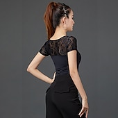 cheap Tops &amp; Sets-Latin Dance Activewear Top Lace Ruching Pure Color Women's Performance Training Short Sleeve High Polyester