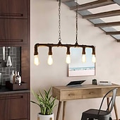 abordables Design linéaire-Suspension industrielle 5 lumières 90cm tuyau en fer forgé vintage finition noire lustre steampunk bar bistro restaurant éclairage