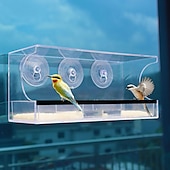 お買い得  裏庭での野鳥観察と野生生物-強力な吸盤付きの窓用鳥の餌箱 - 30x10x13 cmの外側の窓用の屋根と排水穴を備えた透明なアクリル製の鳥の餌箱