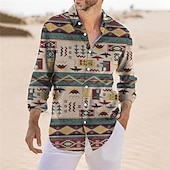 billiga Etniskt mönster-Herr Stam Geometri Etnisk Skjorta Knapp upp skjorta Långärmad Vintage Mode Streetwear Utomhus Dagligen Höst vinter Nedvikt Mönster Button-Down Gul Blå