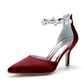 ieftine Formal-tocuri de nuntă cu vârf ascuțit din satin argintiu pentru femei – curea la gleznă cu strass și toc mijlociu elegant