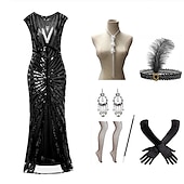 billige Antrekk-Den store Gatsby Lang Lengde Flapper kjole Kjoler Drakter Den store Gatsby Bryllupsgjest Paljetter Paljetter Dame Maskerade Festkveldsklær Fest / aften Bryllupsmottagelse Voksne Kjole Hansker Sokker