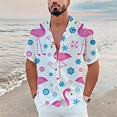 economico Uccelli &amp; Animali-Per uomo Floreale Fenicottero Tropicale Camicia Camicia hawaiana Camicia Aloha Manica corta Camicia Collo ripiegabile Tropicale Di tendenza Streetwear Informale Hawaiano Per eventi Blu-verde Nero