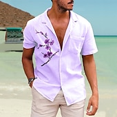 economico Vacanza-Per uomo Camicia Camicia in lino e cotone Camicia in cotone bianco Camicia estiva Maglietta informale Camicia da spiaggia Pop art Strada Hawaiano Bianco Viola Maniche corte Collo ripiegabile Estate