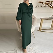 baratos Islâmico Arábico-conjunto com vestido abaya feminino vestido maxi muçulmano árabe com cinto vestido religioso árabe saudita lenços hijab cachecol envoltório headpiece ramadan religioso 2 peças feminino ramadan árabe