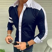 preiswerte Herrenhemd zum Knöpfen-Herren Hemd Sommerhemd Knopfhemd Schwarz / Weiß Marineblau Grau Langarm Farbblock Umlegekragen Outdoor Straße Button-Down Bekleidung Polyester Mode Lässig Atmungsaktiv Bequem