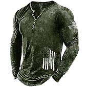 cheap Flag-Men&#039;s Graphic Prints National Flag Henley Shirt Graphic Tee Long Sleeve Shirt Long Sleeve Hot Stamping Designer Basic Modern Contemporary Vacation Street Going out Spring &amp;  Fall Black Red Navy Blue