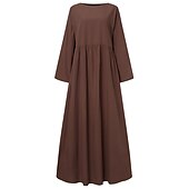 abordables concevoir des robes en coton et lin-Robe en coton et lin Robe casual Femme Robe longue maxi Lin Bohème Décontractées robe hiver du quotidien Vacances Col Ras du Cou Patchwork manche longue Eté Printemps Automne lin Ample Noir Blanche