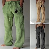 baratos Clássico-Homens Calças de linho Calças Calça verão Calças de praia Bolsos Com Cordão Imprimir Sol Estampas Abstratas Conforto Ao ar livre Diário Para Noite Roupa de rua à moda Branco Amarelo