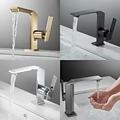 cheap Classical-Waterfall Bathroom Sink Mixer Faucet Brass, Single Handle Basin Taps One Hole Faucets with Hot and Cold Hose, Waterfall Spout Brass Bath Tap Chrome Black Gold Grey