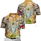 cheap Men&#039;s Printed Polo-Men&#039;s Graphic Prints Easter Jesus Polo Shirt Golf Shirt Short Sleeves Shirt Turndown Outdoor Street Yellow Pink Blue Green Print Button-Down Clothing Apparel Fashion Designer Casual Breathable