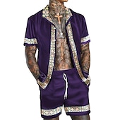 billiga Set med tryckta skjortor för män-Herr Blommig 2st Skjortor Set Hawaii skjorta Kortärmad Nedvikt Mode Hawaiisk Designer Utomhus Strand Semester 3D-utskrift Button-Down Sommar Vår Marinblå