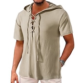 billiga Business Casual-Herr Linneskjorta i bomull Sommarskjorta Casual skjorta Strandskjorta Ensfärgat Semester Ledigt Svart Vit Kaki Mörkblå Kortärmad Huva Sommar Kläder Snörning