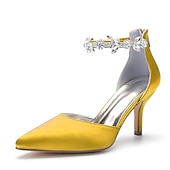 ieftine Formal-tocuri de nuntă cu vârf ascuțit din satin argintiu pentru femei – curea la gleznă cu strass și toc mijlociu elegant