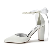 cheap Formal-Elegant Green Satin Ankle Strap Heels – Pointed Toe, Pearl Bow Detail, Block Heel Pumps for Women – Perfect for Weddings &amp; Parties