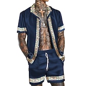 billiga Set med tryckta skjortor för män-Herr Blommig 2st Skjortor Set Hawaii skjorta Kortärmad Nedvikt Mode Hawaiisk Designer Utomhus Strand Semester 3D-utskrift Button-Down Sommar Vår Marinblå