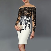 ieftine Rochii Cocktail-Rochii de cocktail tip sheath rochie elegantă lungime până la ceai cu mânecă lungă off shoulder fabrică elastică cu aplicații