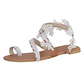 ieftine Casual-sandale plate de mireasa din dantela alba de dama cu impodobiri florale - pantofi eleganti de nunta de plaja pentru mirese