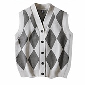 preiswerte Herren Strickjacke-Herren Pullunder Strickjacke Gerippt Stricken Taste Strick Geometrisch V Ausschnitt Moderne zeitgenössische Freizeitskleidung Ausgehen Bekleidung Ärmellos Herbst Winter Schwarz Blau M L XL