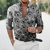 cheap Birds &amp; Animals-Men&#039;s Feather Shirt Aloha Shirt Long Sleeve Fashion Designer Casual Outdoor Vacation Daily Spring &amp; Summer Stand Collar 3D Print Button-Down Black White Black / Green Yellow Army Green