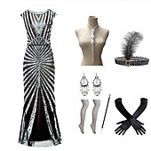billige Antrekk-Den store Gatsby Lang Lengde Flapper kjole Kjoler Drakter Den store Gatsby Bryllupsgjest Paljetter Paljetter Dame Maskerade Festkveldsklær Fest / aften Bryllupsmottagelse Voksne Kjole Hansker Sokker
