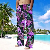 お買い得  メンズプリントカジュアルパンツ-男性用 ズボン サマーパンツ ビーチパンツ ドローストリング 弾性ウエスト まっすぐな足 動物 フラミンゴ グラフィック 履き心地よい カジュアル 日常 祝日 ストリートファッション ハワイアン ピンク ルビーレッド